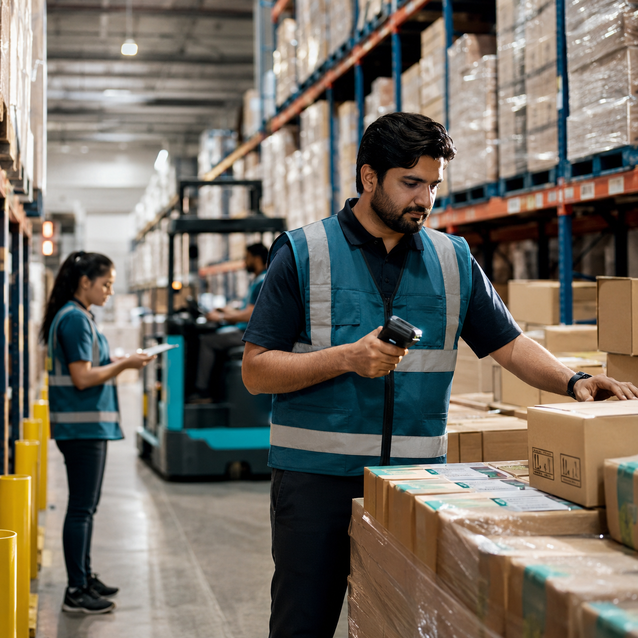 Warehouse associate scanning inventory in a distribution centre