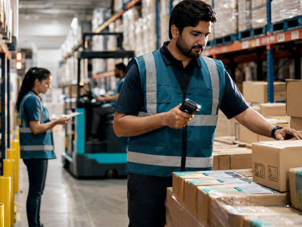 Warehouse associate scanning inventory in a distribution centre