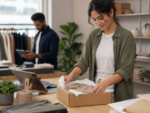 Retail team packing an online order in a boutique store