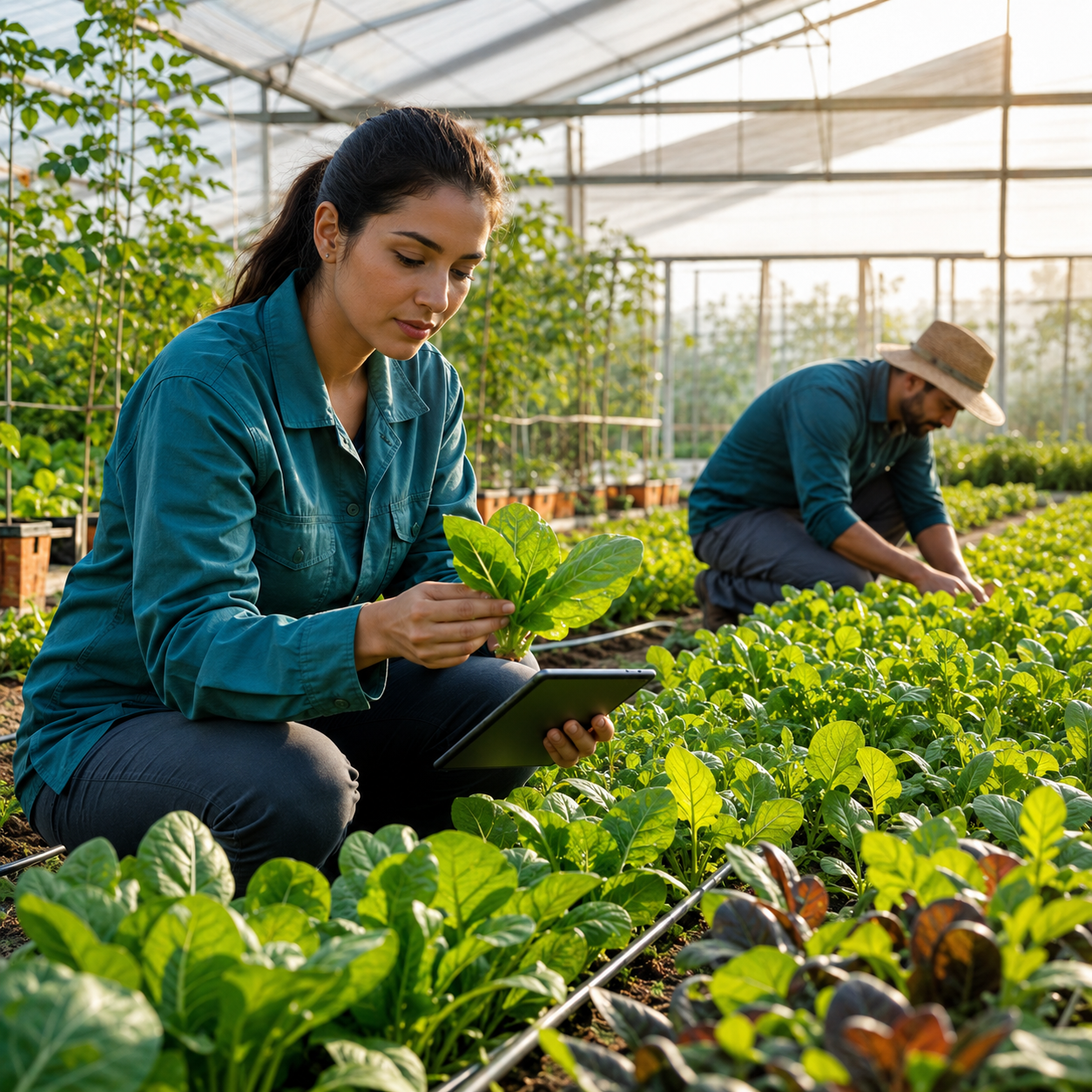 Specialist inspecting fresh produce in a greenhouse with a tablet