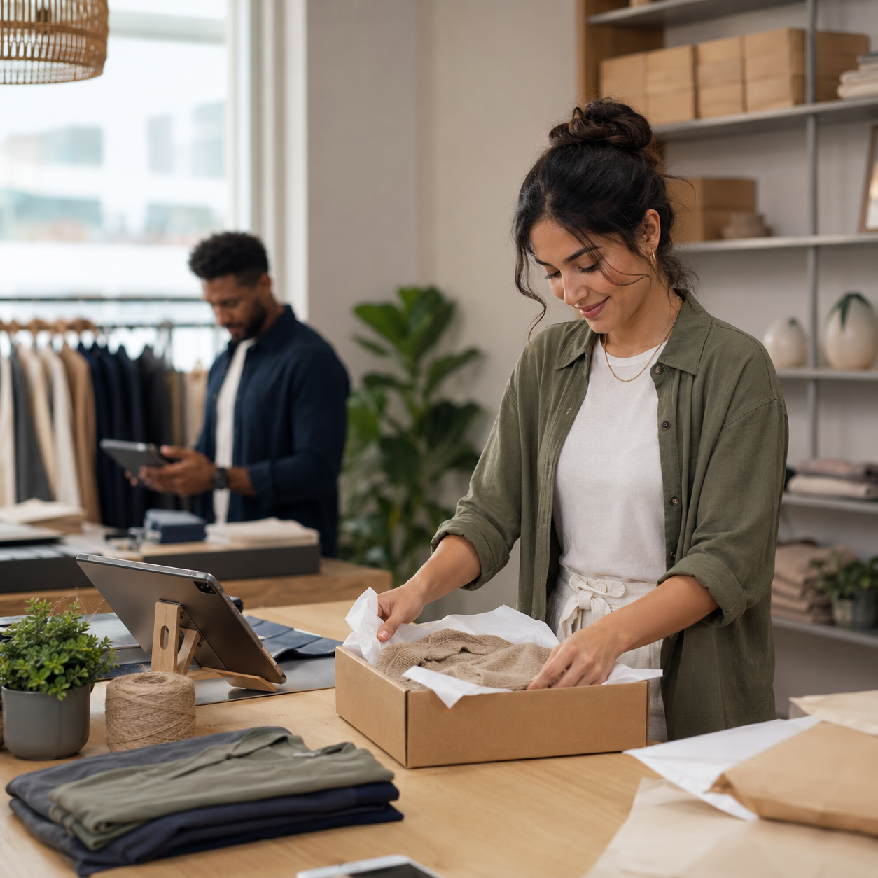 Retail team packing an online order in a boutique store