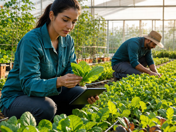Specialist inspecting fresh produce in a greenhouse with a tablet